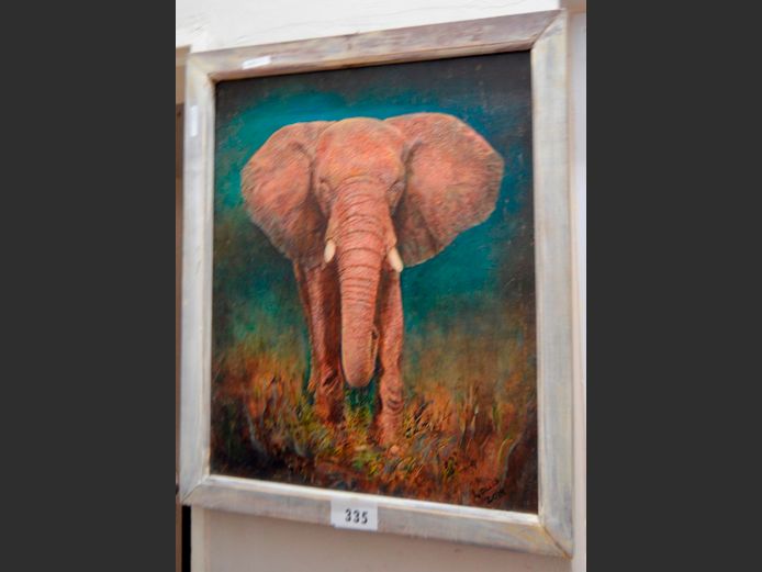 FRAMED OIL ON BOARD "ELEPHANT" BY LOUIS, 59 x 50cm