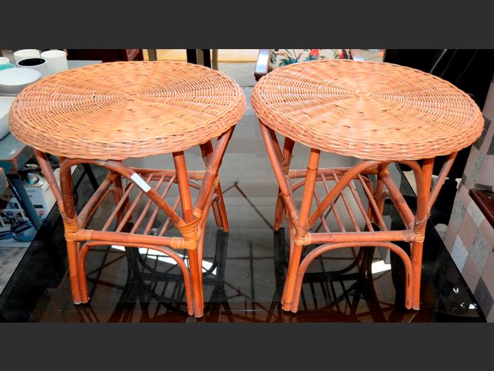 PAIR CANE & WICKER SIDE TABLES, 47cm Diameter x 47cm High
