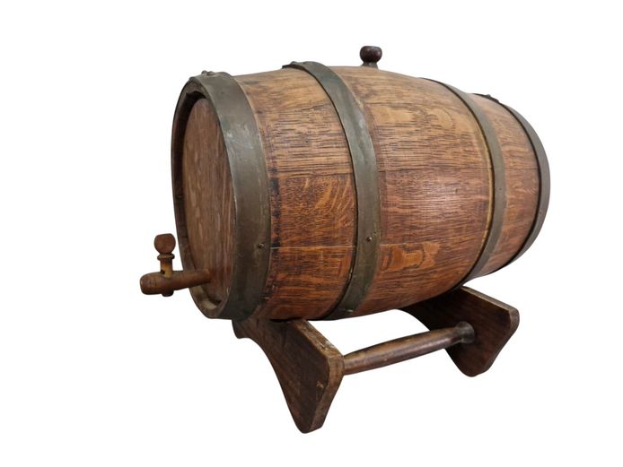 Vintage Oak Tabletop Wine Barrel with Wooden Stand