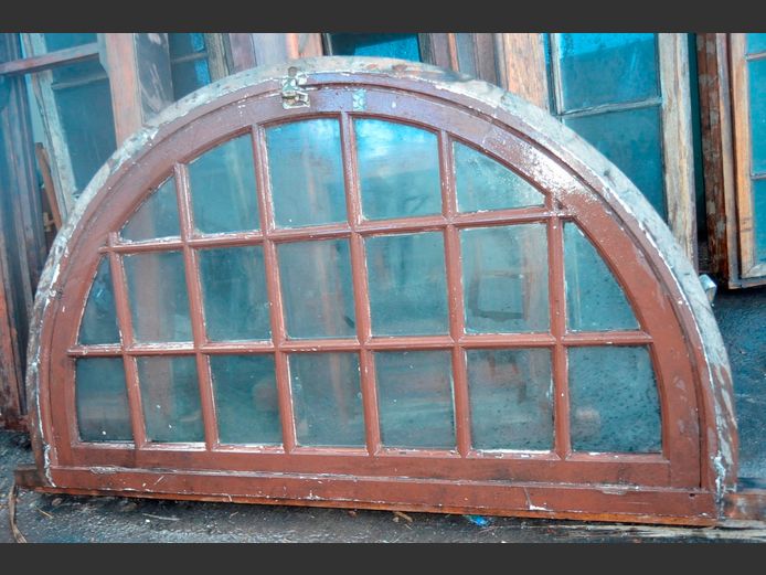 SMALL ARCHED WINDOW FRAME WITH GLASS PANES, 153 x 93cm