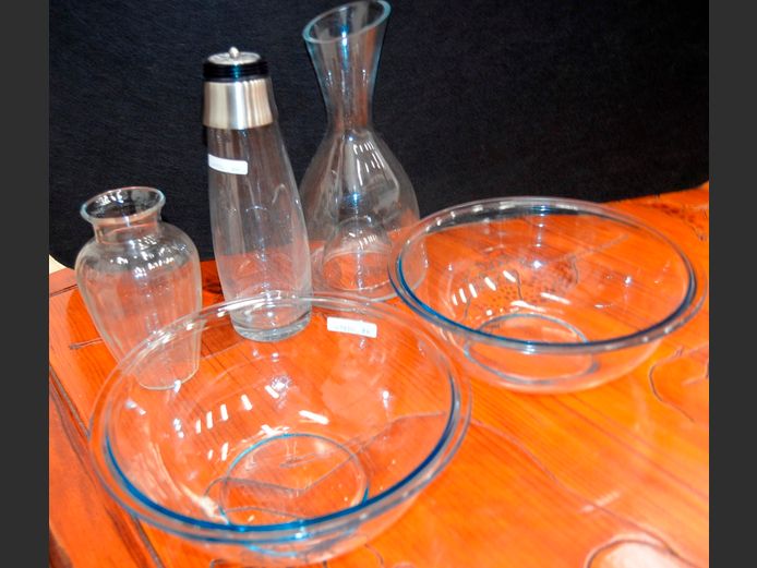 GLASS MIXING BOWLS, DECANTER, VASE, etc