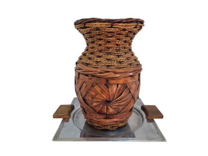 Vintage Wicker-Covered Clay Vase with Metal Tray Base