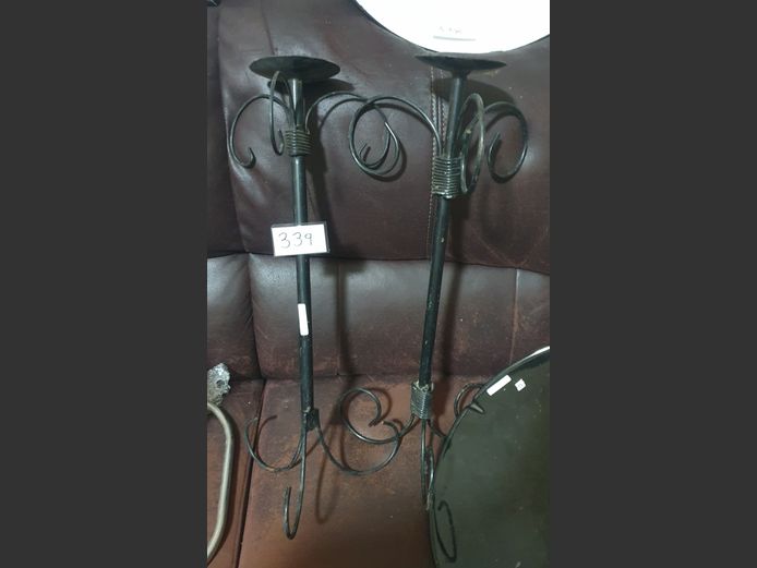 PAIR BLACK WROUGHT IRON CANDLE STANDS, 60cm High