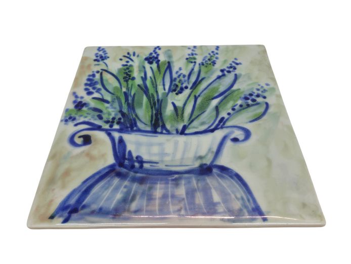 Hand-Painted Ceramic Botanical Art Tile – Floral Bouquet in Blue & Green