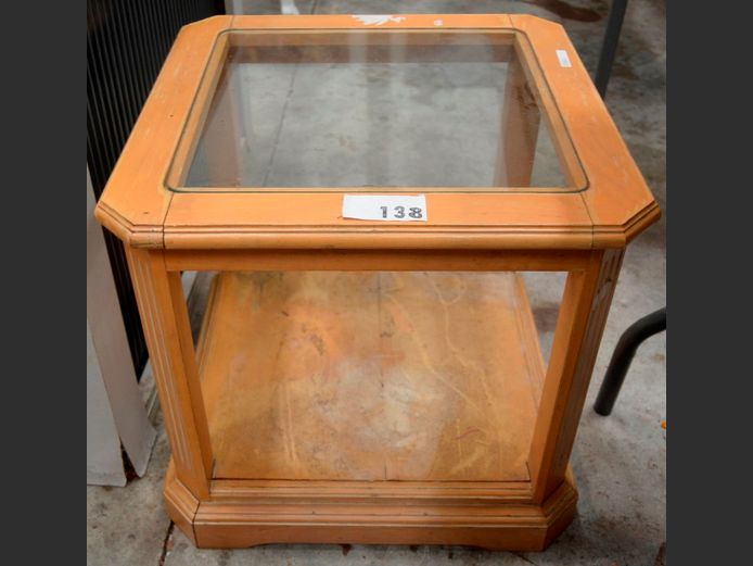 BEECHWOOD SQUARE GLASS TOP SIDE TABLE WITH BOTTOM SHELF, 28 x 28 x 44cm [Needs TLC]