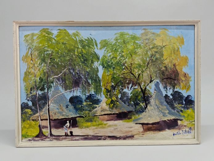 Traditional Village Scene with Thatched Rondavels and Figure by Mutimba