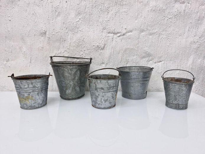 Set of 5 Galvanized Metal Mini Buckets / Planters 