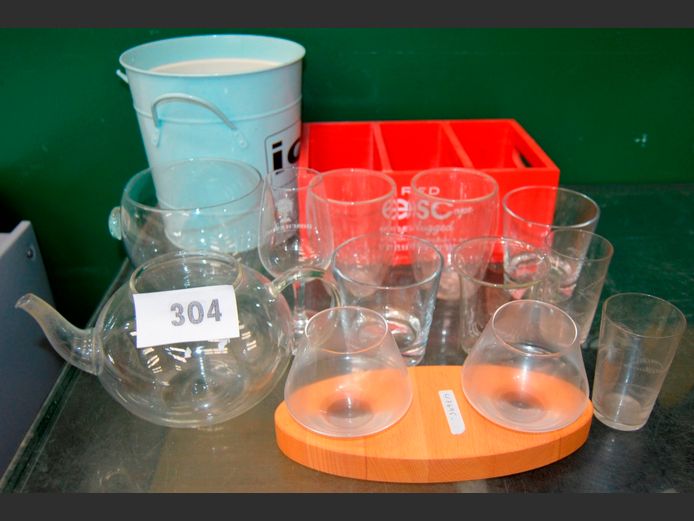 GLASS TEAPOT, GLASS ICE BUCKET, WOODEN CADDY, METAL ICE BUCKET, etc