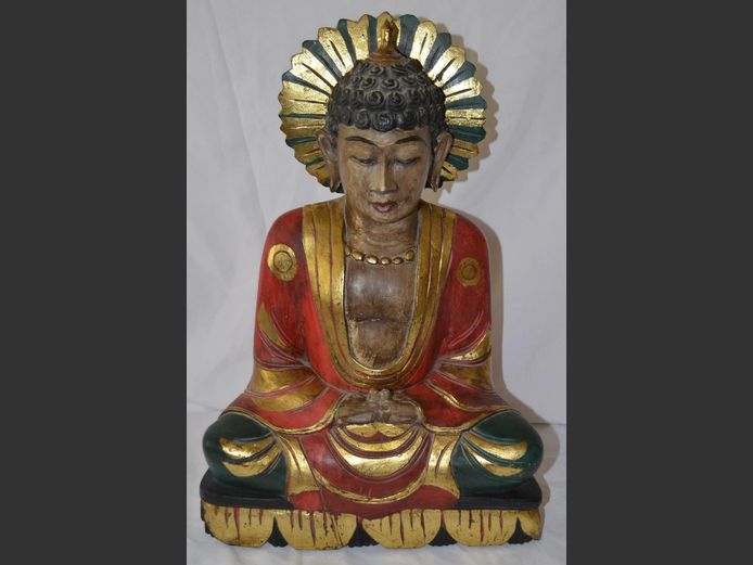 CARVED, GILDED & HAND PAINTED SEATED MEDITATING BUDDHA, 34 x 21 x 49cm