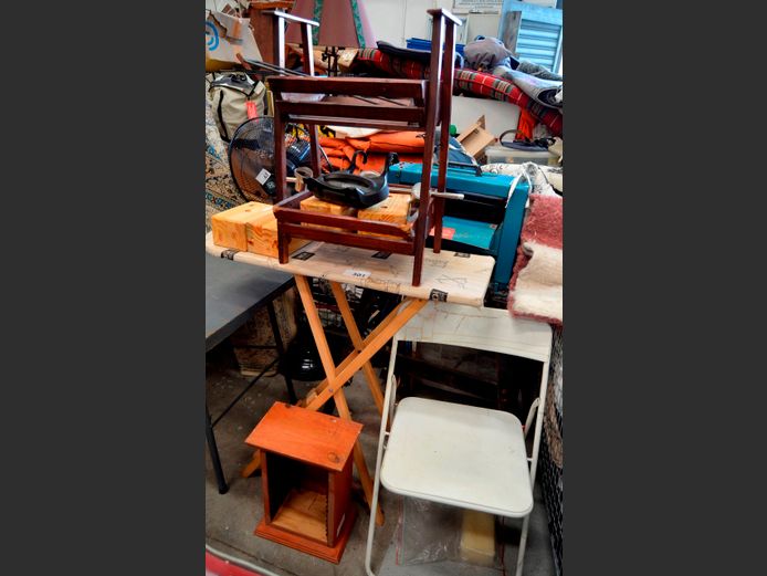 WOODEN VEGGIE RACK, FOLDING CHAIR & AN IRONING BOARD