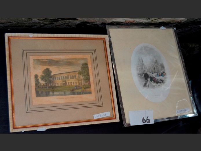 LOT OF 2 FRAMED VINTAGE PRINTS: "CUSTOM HOUSE" & "THE LIBRARY, TRINITY COLLEGE", 13 x 18cm & 16 x 12cm [Some foxing]