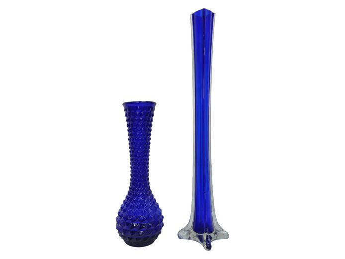 Mid-Century Cobalt Blue Glass Vases Fenton Hobnail & Slung Stretch Glass