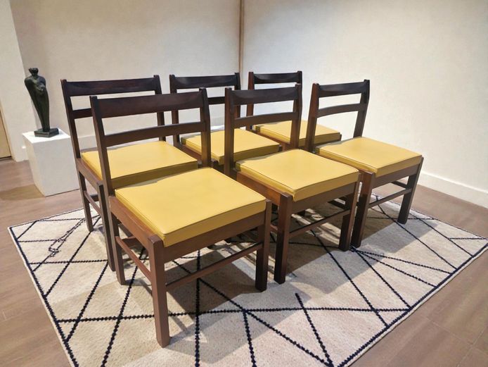 Mid-Century Modern Teak Dining Chairs with Mustard Vinyl Upholstery