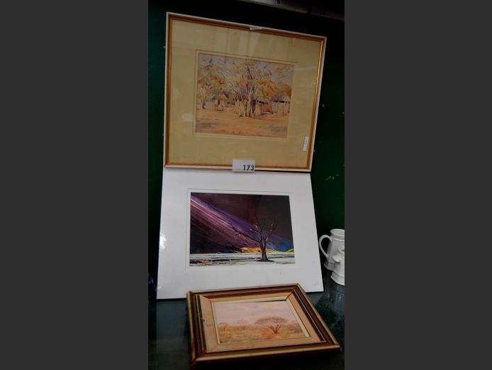 UNFRAMED PRINT "TREE" &  FRAMED PRINT "HUT", etc., 28 x 22cm, 19 x 14cm & 30 x 21cm