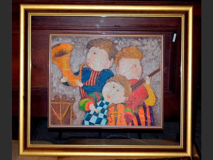 GILT FRAMED OIL ON BOARD "MUSICIANS" SIGNED G. GRACYAS, 60 x 49cm