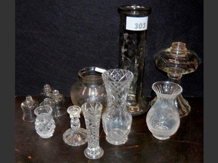 CUT GLASS BUD VASES, CYLINDRICAL VASE, etc
