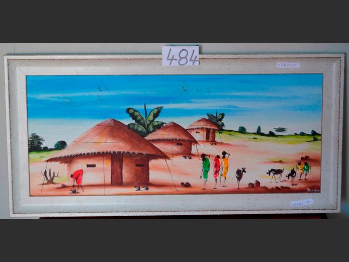 WHITE FRAMED OIL ON BOARD "AFRICAN VILLAGE", 37 x 23.5cm