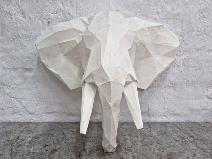Large White Geometric Paper-Mache Elephant Head Wall Decor