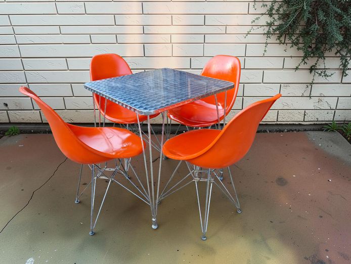 Mid-Century Style Bistro Set: Aluminum Table & 4 Orange Shell Chairs