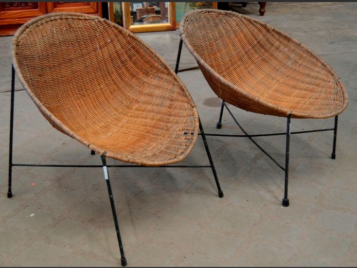 PAIR METAL & WICKER "EGG" CHAIRS [Need a little TLC]