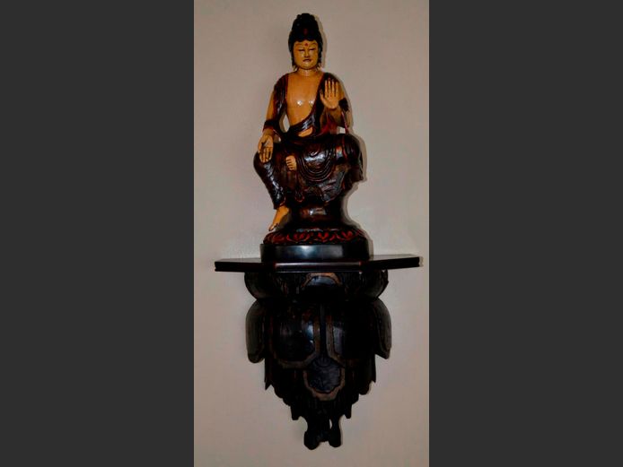 ANTIQUE CHINESE HAND CARVED & LACQUERED FIGURE OF A SEATED BUDDHA ON WALL MOUNT SHELF, Buddha = 45cm High; Shelf, 37cm High
