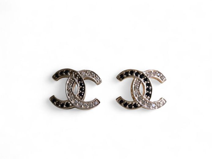 Pair of Chanel Sterling Silver & Black Crystal Earrings