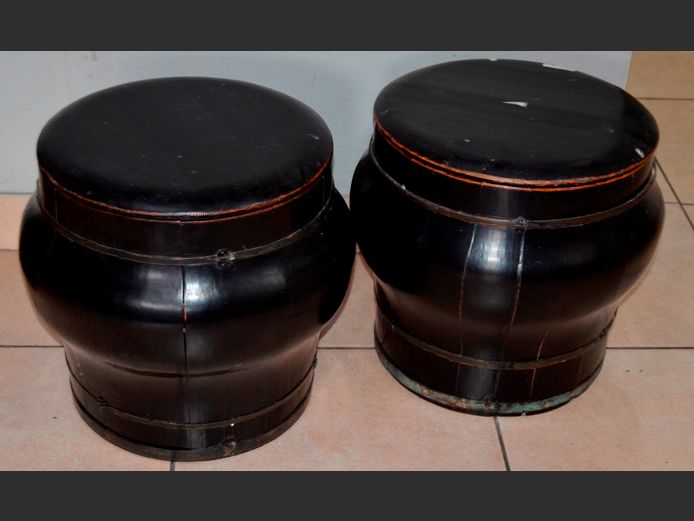 PAIR OREGON PINE UNDER BLACK PAINT, METAL BOUND VESSELS, 40cm Diameter x 38cm High