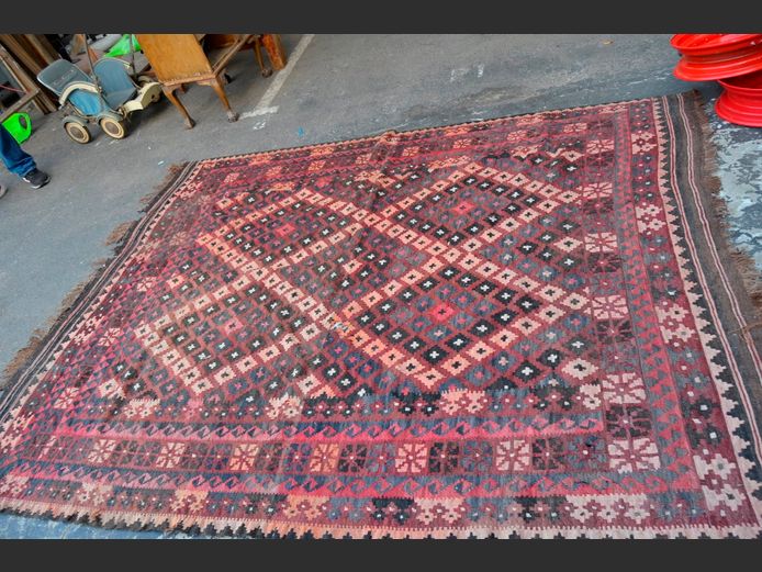 RED, BLACK & BEIGE KELIM CARPET, 301 x 216cm