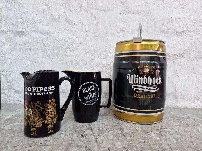 Vintage Barware Set – 100 Pipers & Black & White Scotch Whisky Jugs with Windhoek Draught Mini Keg