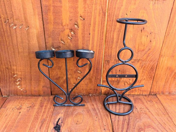 Pair of Black Metal Candle Holders - Tea Light & Geometric Stand