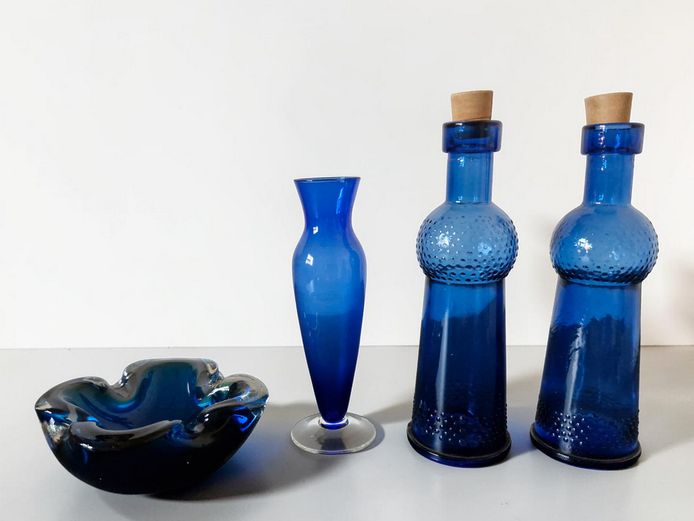 Vintage Cobalt Blue Glass Collection with Murano Ashtray - 4 Pieces