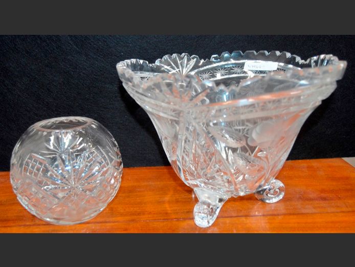 CUT GLASS FOOTED BOWL, 24.5cm Diameter x 18cm High, & A VASE, 12cm High