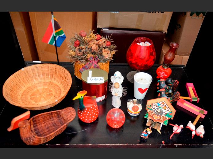 RED GLASS CANDLE HOLDER, ORNAMENTS, etc