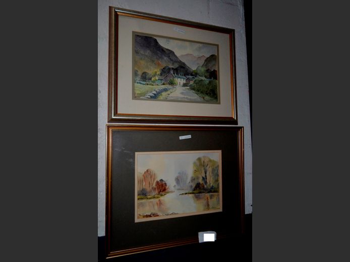 LOT OF 2 DALE BERRY FRAMED WATERCOLOURS: HOUSES & RIVER, 33 x 23cm & 31 x 21.5cm
