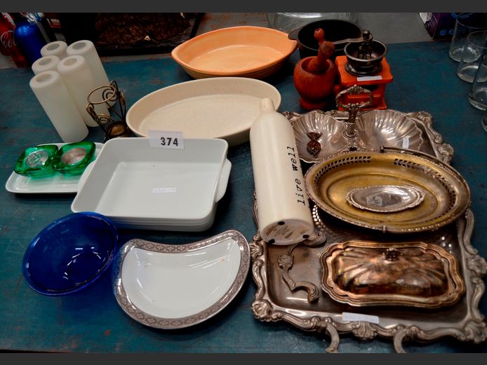 SILVER PLATE TRAY, BUTTER DISH, MINI COFFEE GRINDER, MORTAR & PESTLE, etc