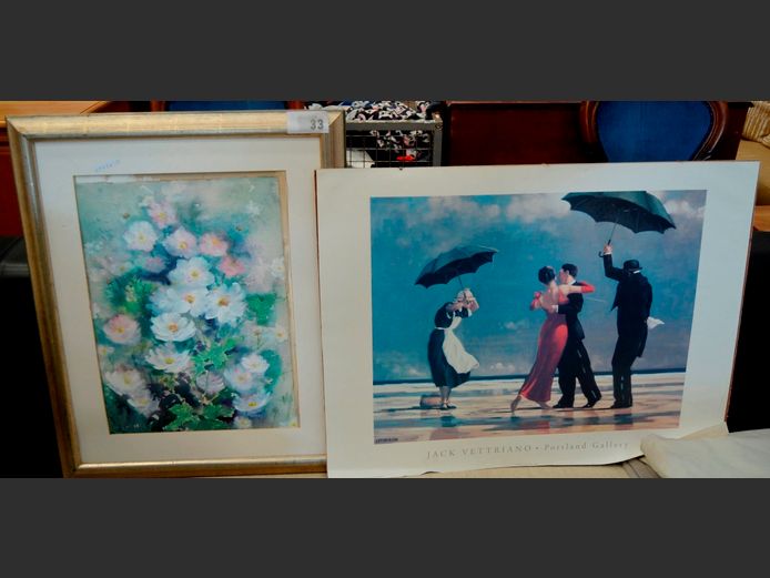 FRAMED WATERCOLOUR "FLOWERS", 50 x 36cm, & A FRAMED PRINT [No glass], 61 x 48cm