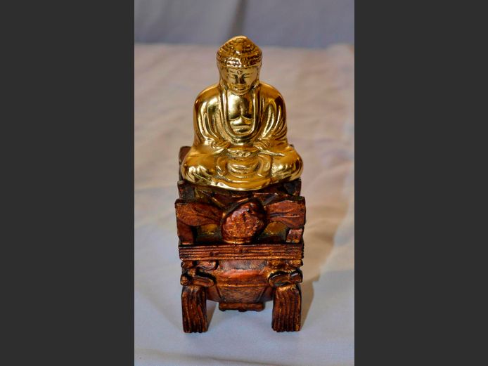 CAST BRASS BUDDHA ON CARVED STAND, 8 x 8 x 19cm [Incl. stand]