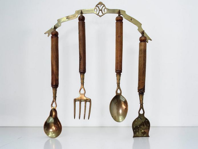 Vintage Solid Brass and Wood Decorative Kitchen Utensil Set