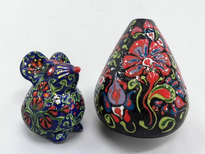 Hand-Painted & Heavily Glazed Floral Ceramic Mouse Figurine & Vase