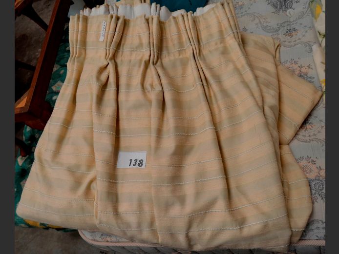 PAIR BEIGE STRIPED & LINED CURTAINS