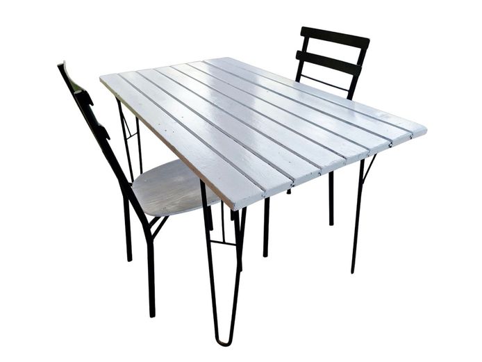 Retro Hair Pin Oregon Wood Slatted Table & Two Chairs