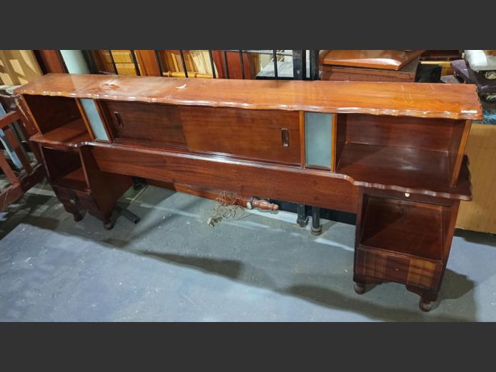 IMBUIA DOUBLE HEADBOARD WITH PAIR SINGLE DRAWER PEDESTALS ATTACHED, 220 x 30 x 91cm