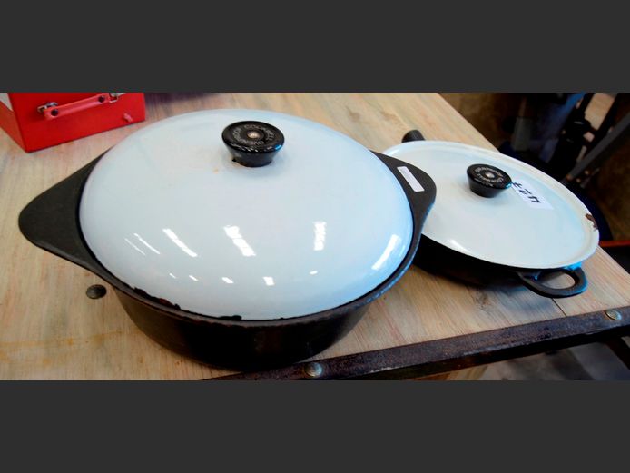 COOKWELL CAST IRON POT WITH LID, 33cm Diameter, & A PAN WITH LID, 28cm Diameter [Handle needed]