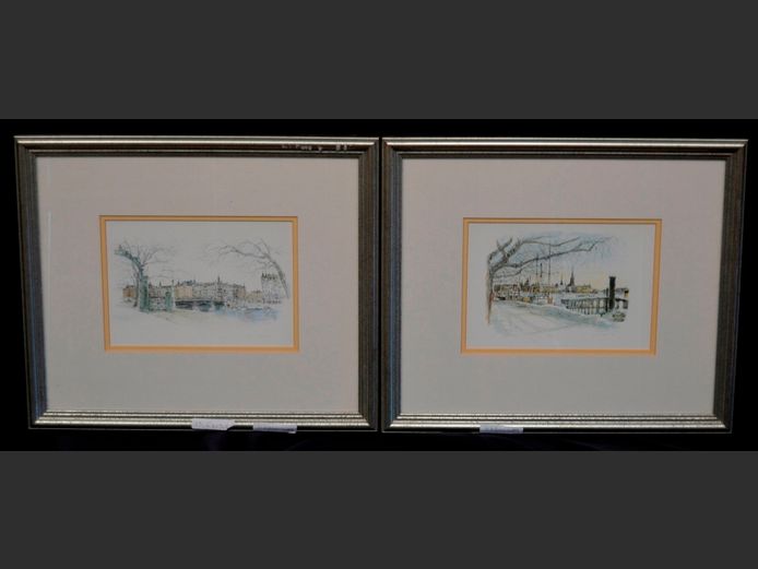 PAIR SILVER GILT FRAMED PEN & INK "CITY SCENES", 19.5 x 13.5cm