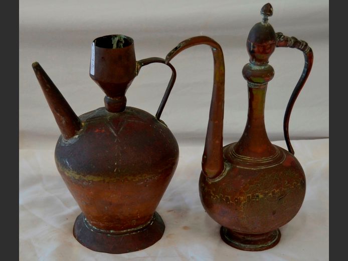 TURKISH COPPER JUG & AN ANTIQUE PERSIAN COPPER EWER, 33cm & 38cm High