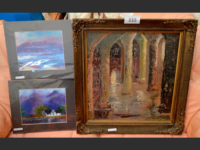 GILT FRAMED OIL ON BOARD "CHURCH ENTRANCE" SIGNED FRANK DOUGLAS & PAIR UNFRAMED PRINTS, 47 x 44cm, 23 x 19cm [x 2]