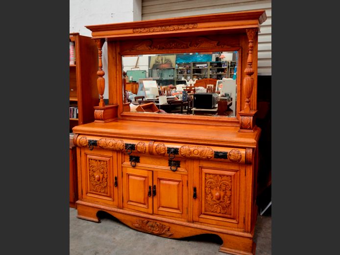 OAK 4-DOOR, 3-DRAWER WELSH DRESSER WITH BEVELLED MIRROR, 180 x 60 x 202cm