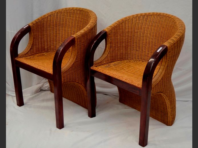 PAIR WICKER & MAHOGANY TUB CHAIRS