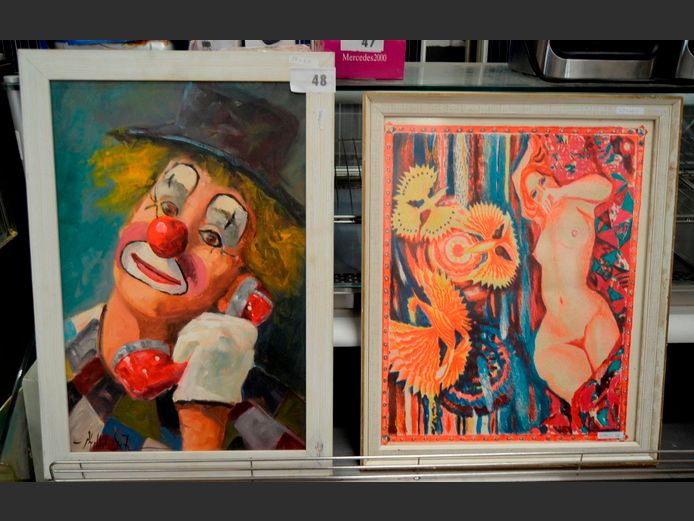 WHITE FRAMED OIL ON BOARD "CLOWN", 61 x 46cm, & A FRAMED WATERCOLOUR "NUDE STUDY", 53 x 42.5cm
