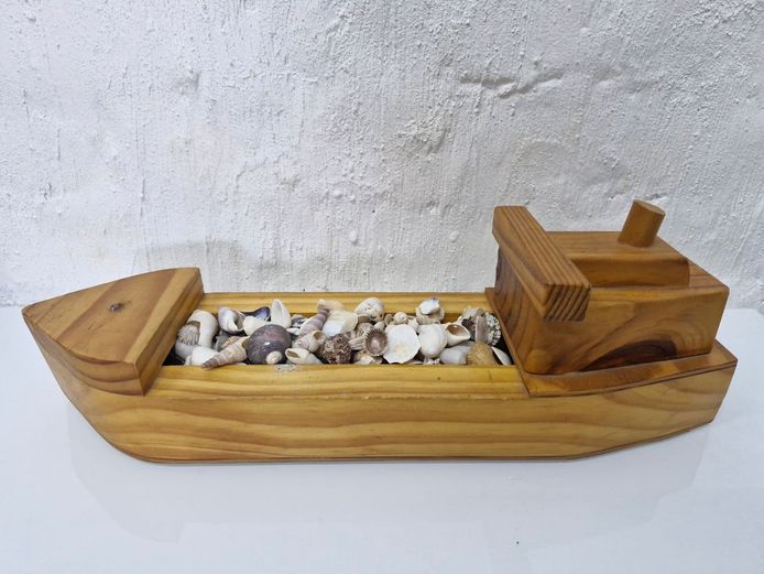 Vintage Handcrafted Pine Wooden Cargo Ship with Mixed Sea Shells